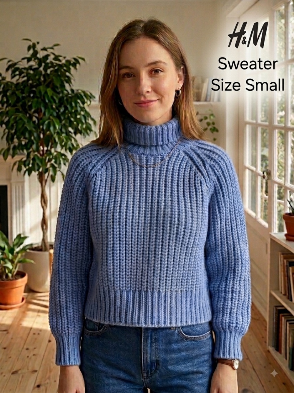 H&M Womens Blue Chunky Ribbed Knit Turtleneck Sweater Size Small Cropped Raglan